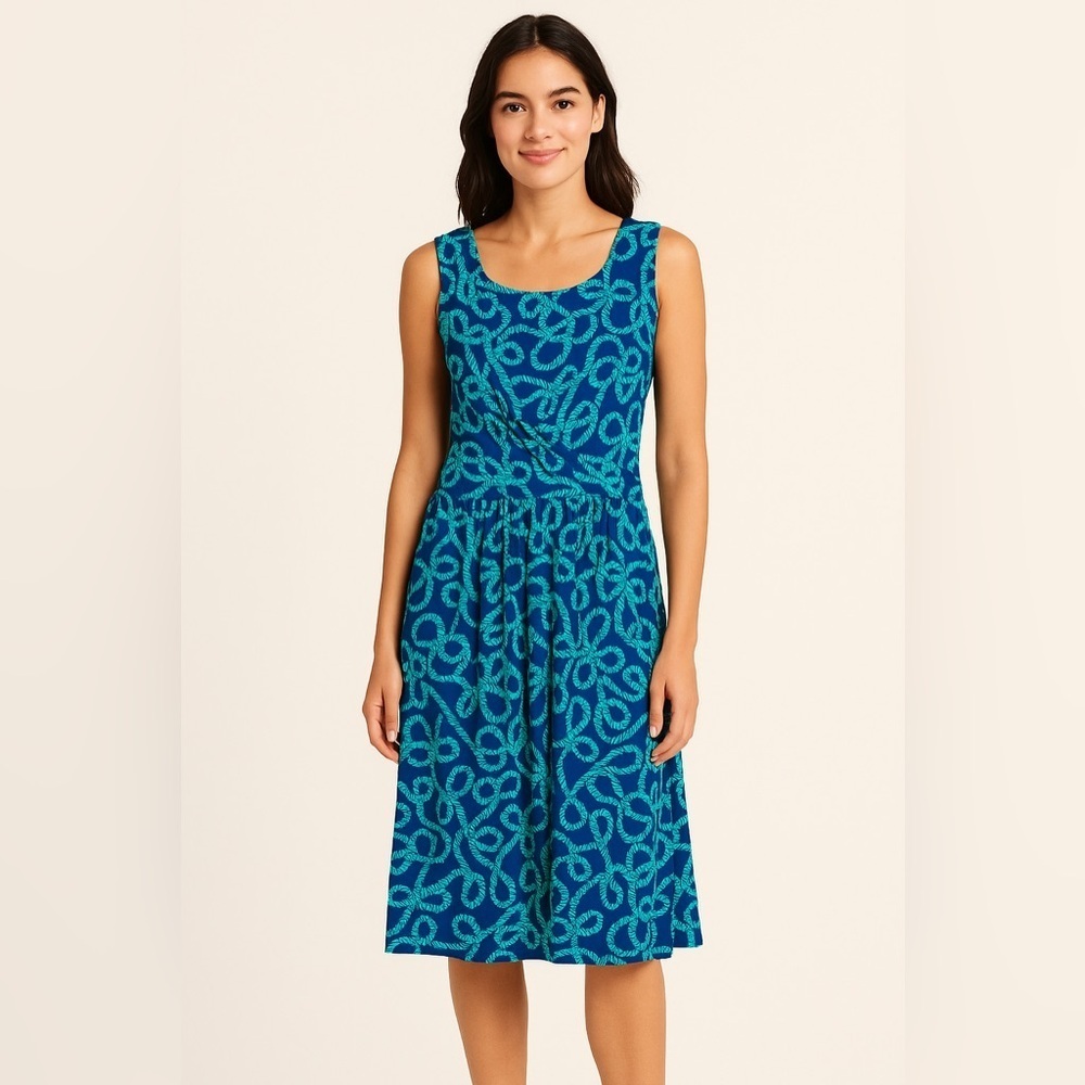 Lands’ End Sleeveless Dress M/P (10-12) – Navy Blue Green Nautical Rope Print